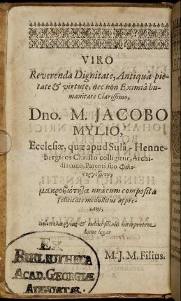 Viro ... Dno. M. Jacobo Mylio ...