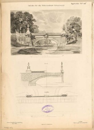 Hubertus-Brücke in der Villenkolonie Berlin-Grunewald Monatskonkurrenz April 1890: Grundriss, Aufriss Seitenansicht, Längsschnitt; 2 Maßstabsleisten