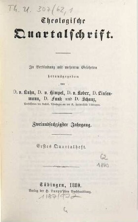 Theologische Quartalschrift : ThQ ; Tübingen. 62. 1880