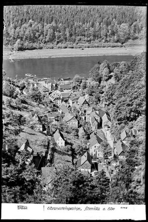 Schmilka (Bad Schandau-Schmilka). Mündung des Wurzelgrundes zue Elbe. Blick von der Winterbergstraße nach Südwest zum linken Elbufer