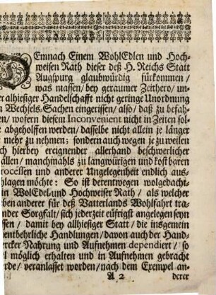 Eines Wohl Edlen und Hochweisen Raths der Statt Augspurg revidiert- und erneuerte Wechsel-Ordnung : Samt beygefügtem Raths-Decret vom 28. Febr. 1682. das Compensations- und Retentions-Recht in Falliments-Fällen betreffend. 1707.