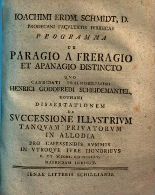Programma de paragio a Freragio et apanagio distincto