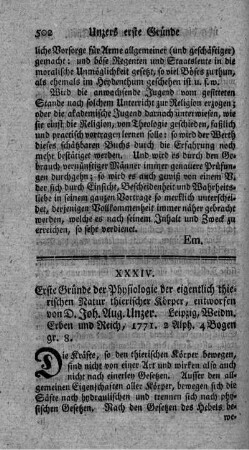 Erste Gründe einer Physiologie der eigentlichen thierischen Natur thierischer Körper.