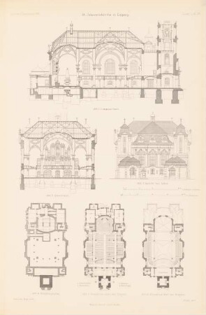 Johanniskirche, Leipzig: Ansicht von Osten, Schnitte, Grundrisse (aus: Atlas zur Zeitschrift für Bauwesen, hrsg. v. Ministerium der öffentlichen Arbeiten, Jg. 51, 1901)