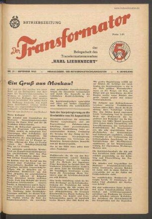 TRO-Betriebszeitung 'Der Transformator'; Nr. 21/1952 (September 1952)