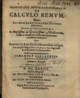 Disputatio Medica Inauguralis De Calcvlo Renvm
