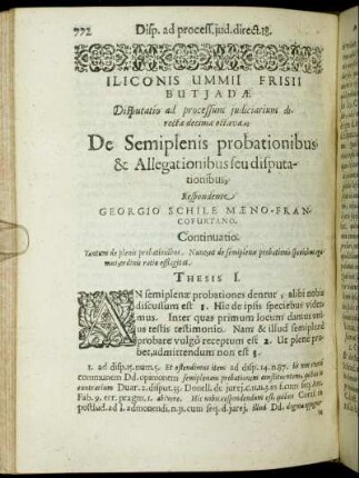 Disputatio [...] decima octava. De Semiplenis probationibus & Allegationibus seu disputationibus.