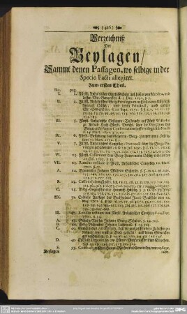 Verzeichniß Der Beylagen, sammt denen Passagen, wo selbige in der Specie Facti allegiret