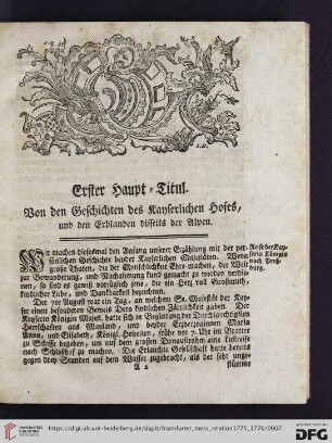 Erster Haupt-Titul: Von den Geschichten des Kayserlichen Hofes, und den Erblanden disseits der Alpen