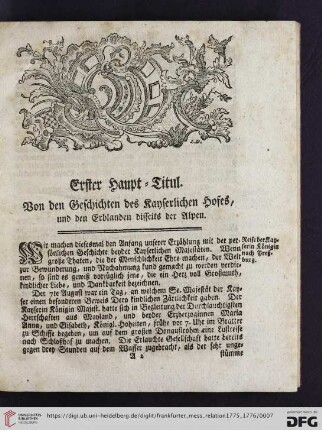 Erster Haupt-Titul: Von den Geschichten des Kayserlichen Hofes, und den Erblanden disseits der Alpen