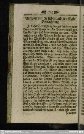 Antwort auf die sieben und dreyßigste Betrachtung