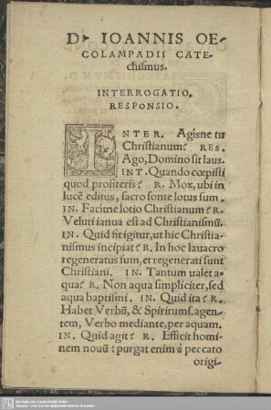D. Joannis Oecolampadii Catechismus. Interrogatio. Responsio