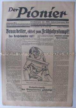 Halbmonatszeitung der RGO "Der Pionier" u.a. zum Kampf gegen den drohenden Faschismus