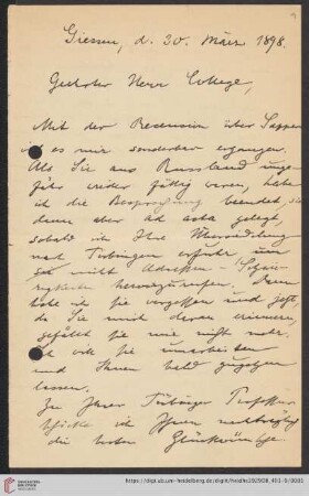 Nachlass Alfred Hettner, Eingegangene Briefe, Korrespondenz Wilhelm Sievers/Alfred Hettner: Brief von Wilhelm Sievers an Alfred Hettner