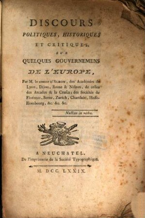 Discours politiques historiques et critiques, sur quelques gouvernemens de l'Europe