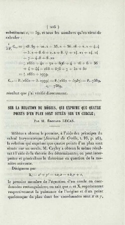 Sur la relation de Möbius, qui exprime que quatre points d'un plan sont situés sur un cercle.