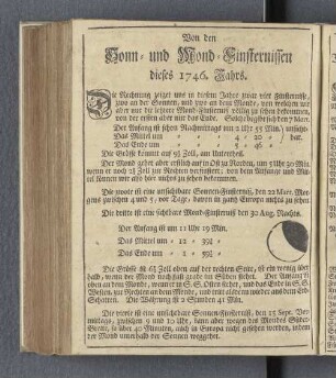 Von den Sonn- und Mond-Finsternissen dieses 1746. Jahrs.