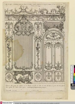 Livre de Lambris [Täfelung verziert mit reichlich Ornamenten, auf der linken Seie ein Wandspiegel, rechts daneben eine Flügeltür]