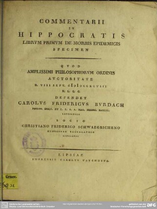 Commentarii In Hippocratis Librum Primum De Morbis Epidemicis Specimen