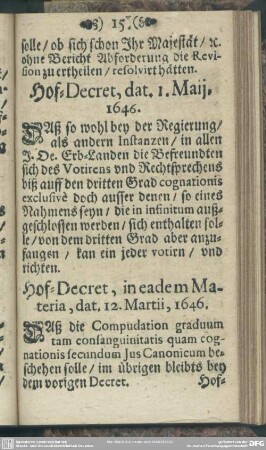 Hof-Decret, dat. 1. Maij, 1646