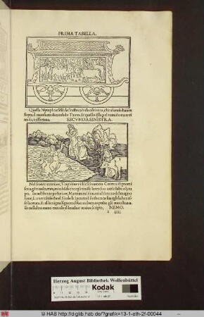 Zwei Abbildungen: Abb. 1: [Prunktruhe mit Relief und Rädern] Abb. 2: [Weibliche Figur reitet auf Ochsen in einen See und verlässt ihre Begleiterinnen]
