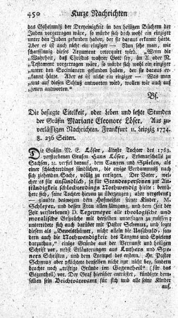 Die besiegte Eitelkeit, oder Leben und letzte Stunden der Gräfin Marianne Eleonore Löser.