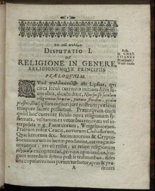 Disputatio I. De Religione In Genere ...