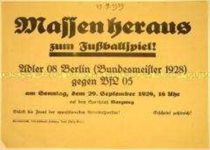 Aufruf der oppositionellen Arbeitersportler zum Fußballspiel der Begegnung Adler 08 Berlin gegen VfL 05 in Hamburg-Altona im September 1929