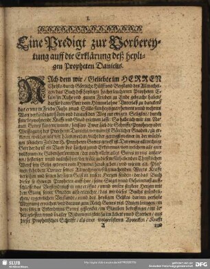 Eine Predigt zur Vorbereytung auff die Erklärung deß heyligen Propheten Danielis