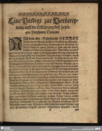 Eine Predigt zur Vorbereytung auff die Erklärung deß heyligen Propheten Danielis