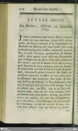 Lettre DXCVIII. Aux Rochers, Mécredi, 16. Novembre, 1689