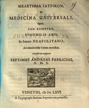 Meletēma iatrikon, de medicina universali