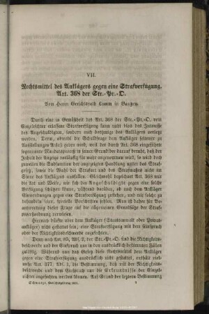 VII. Rechtsmittel des Anklägers gegen eine Strafverfügung. Art. 368 der Str.-Pr.-O.