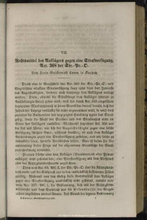 VII. Rechtsmittel des Anklägers gegen eine Strafverfügung. Art. 368 der Str.-Pr.-O.