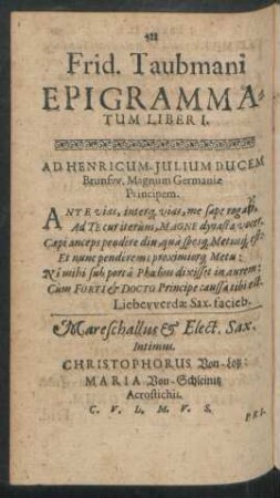 Frid. Taubmani Epigrammatum Liber I.