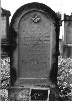 Grabstein 101 (Index: 99937111) Material: Sandstein Zustand: leicht verwittert Maße HxBxT: 123x59x19 cm Beschreibung: Stele, Sockel, Rundbogenabschluß, Schriftfeld eingetieft Symbolik: Blüte im Schriftfeld: Grabstein 101
