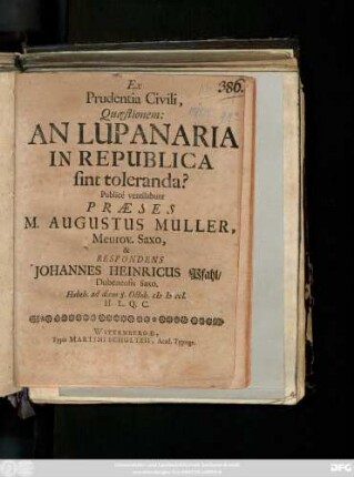 Ex Prudentia Civili, Quæstionem: An Lupanaria In Republica sint toleranda?