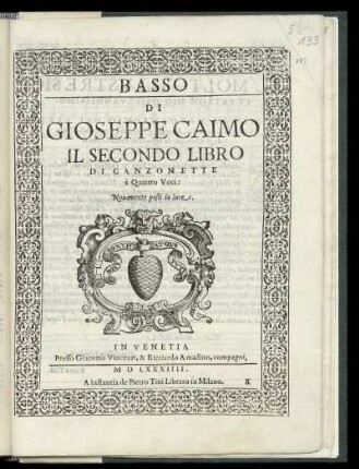 Gioseppe Caimo: Il secondo libro di canzonette à quattro voci ... Basso