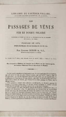 Les passages de vénus sur le disque solaire.