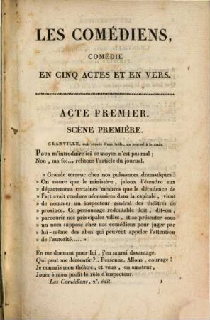 Les comédiens : comédie en cinq actes et en vers, précédée d'un prologue en prose