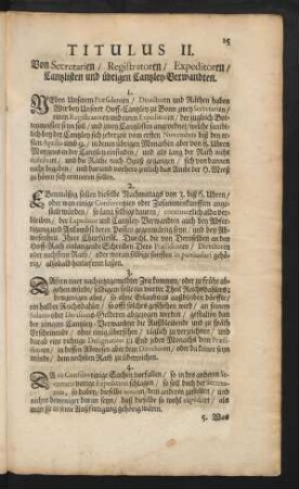 Titulus II. Von Secretarien, Registratoren, Expeditoren, Cantzlisten und übrigen Cantzley-Verwandten.