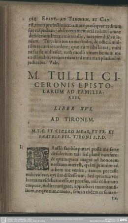M. Tullii Ciceronis Epistolarum Ad Familiareis, Liber XVI. Ad Tironem