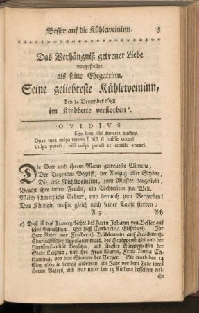 Das Verhängniß getreuer Liebe vorgestellt als seine Ehegattinn, Seine geliebteste Kühleweininn ... im kindbette verstorben