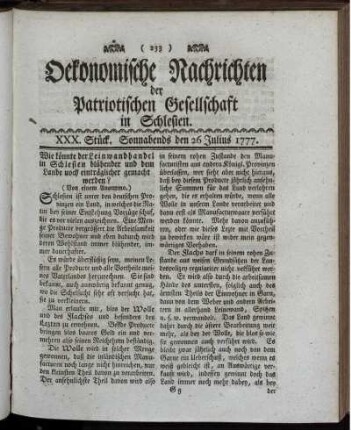 XXX. Stück. Sonnabends den 26 Julius 1777.