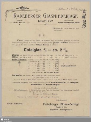 Radeberger Glasniederlage Kunkel & Co, Dresden-A. : Mitteilung