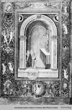 Libro da compagnie laicali: Officia Beatae Mariae Virginis et Defunctorum; Psalmi poenitales et graduales : Zierseite mit breiter Randleistenbordüre, darin Putti, Evangelisten in Medaillons, Miniatur: Extase und Stigmatisation der Katharina v. Siena