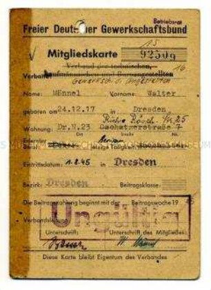 Mitgliedskarte FDGB von Walter Männel