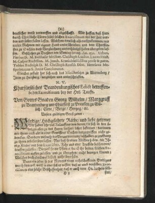 N. V. Churfürstliches Brandenburgisches Edict betreffende den Exorcismus bey der Heil. Tauffe.