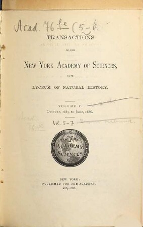 Transactions of the New York Academy of Sciences. 5. 1885/86