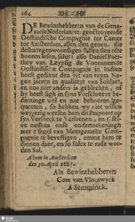 [Urkunde] Amsterdam den 30. April 1687